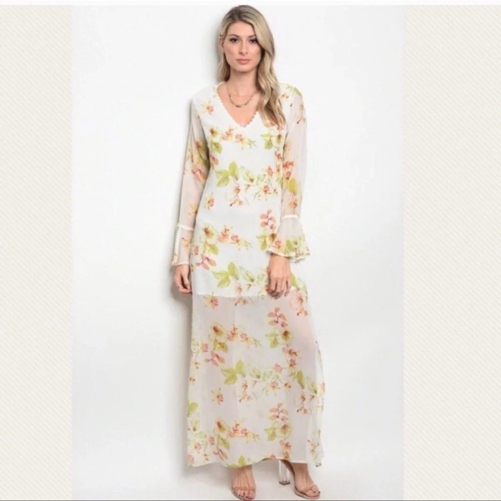 Grifflin Paris White V-Neck Bishop Sleeve Maxi Gown spring summer party